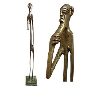 Vintage African Elongated Brass Man Statue Figurine 16”